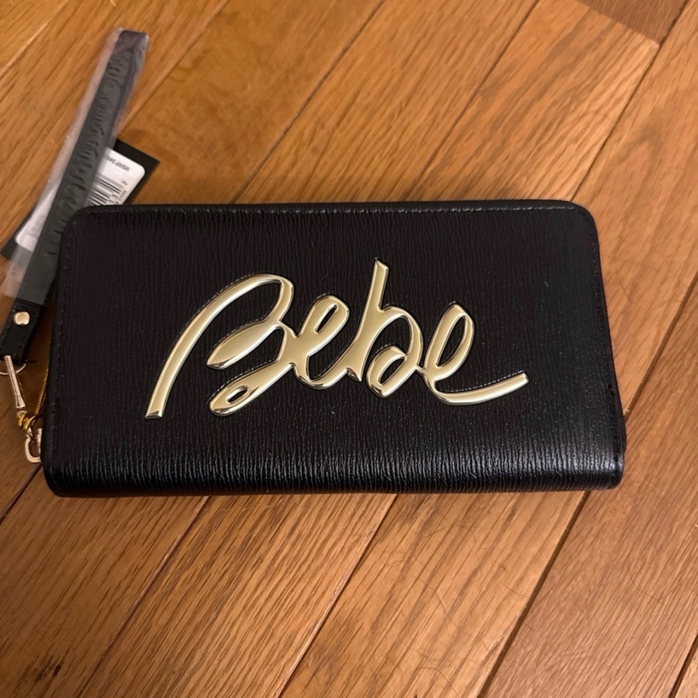 bebe Black Wallet with Gold Script Emblem